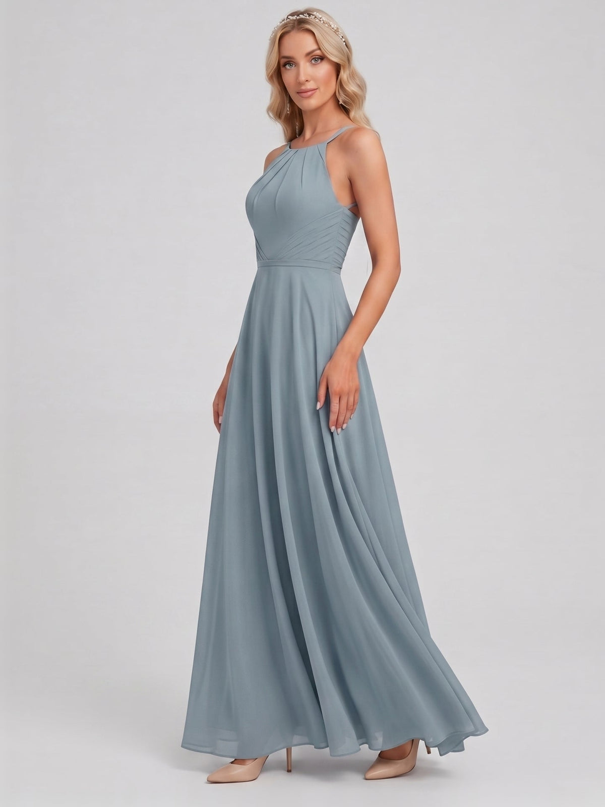 Elegant Dusty Blue Chiffon A-Line Scoop Neck Back Zip with Sash Detail Ankle-Length Bridesmaid Dress - Curvevia