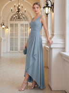 Elegant Dusty Blue Chiffon A-Line V-Neck V-Back with nan Ankle-Length Bridesmaid Dress - Curvevia