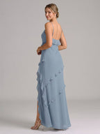 Elegant Dusty Blue Chiffon Sheath Sweetheart Backless with Ruffle Ankle-Length Bridesmaid Dress - Curvevia
