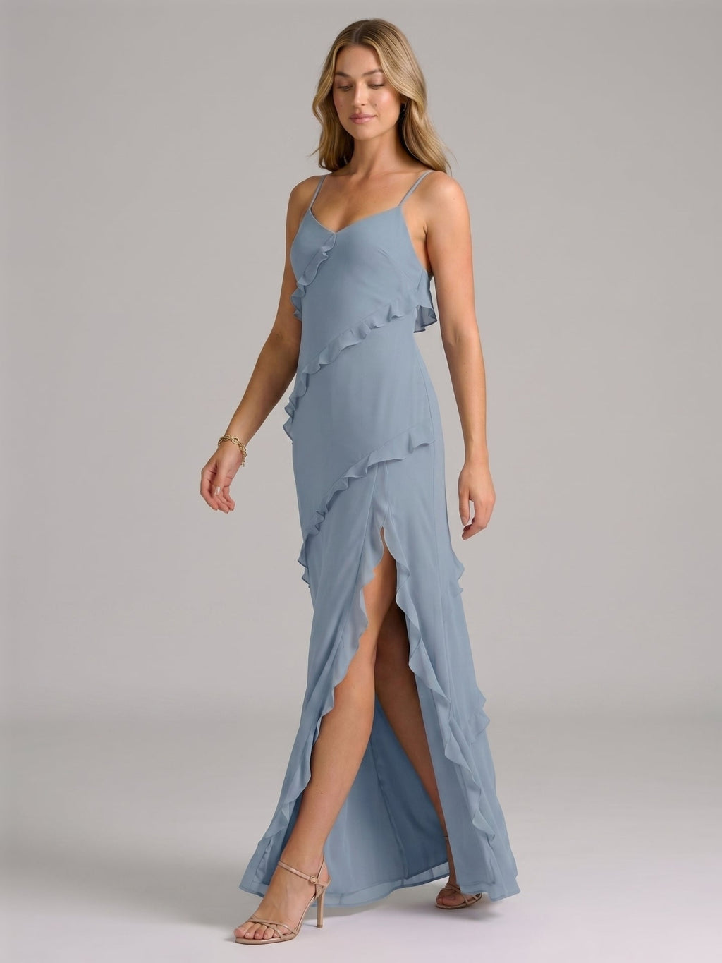 Elegant Dusty Blue Chiffon Sheath Sweetheart Backless with Ruffle Ankle-Length Bridesmaid Dress - Curvevia