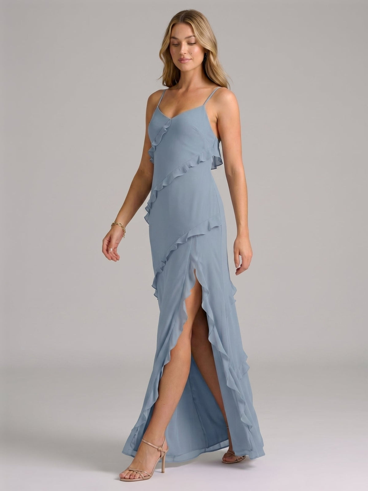 Elegant Dusty Blue Chiffon Sheath Sweetheart Backless with Ruffle Ankle-Length Bridesmaid Dress - Curvevia