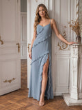 Elegant Dusty Blue Chiffon Sheath Sweetheart Backless with Ruffle Ankle-Length Bridesmaid Dress - Curvevia