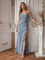 Elegant Dusty Blue Chiffon Sheath Sweetheart Backless with Ruffle Ankle-Length Bridesmaid Dress - Curvevia