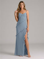 Elegant Dusty Blue Chiffon Sheath Sweetheart Backless with Ruffle Ankle-Length Bridesmaid Dress - Curvevia