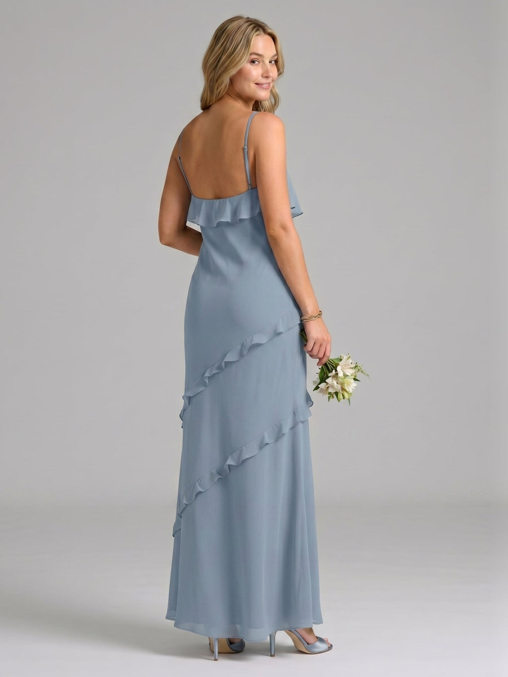 Elegant Dusty Blue Chiffon Sheath Sweetheart Backless with Ruffle Ankle-Length Bridesmaid Dress - Curvevia