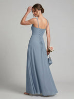Elegant Dusty Blue Chiffon column Square Neck Criss-Cross Straps Ankle-Length Bridesmaid Dress - Curvevia