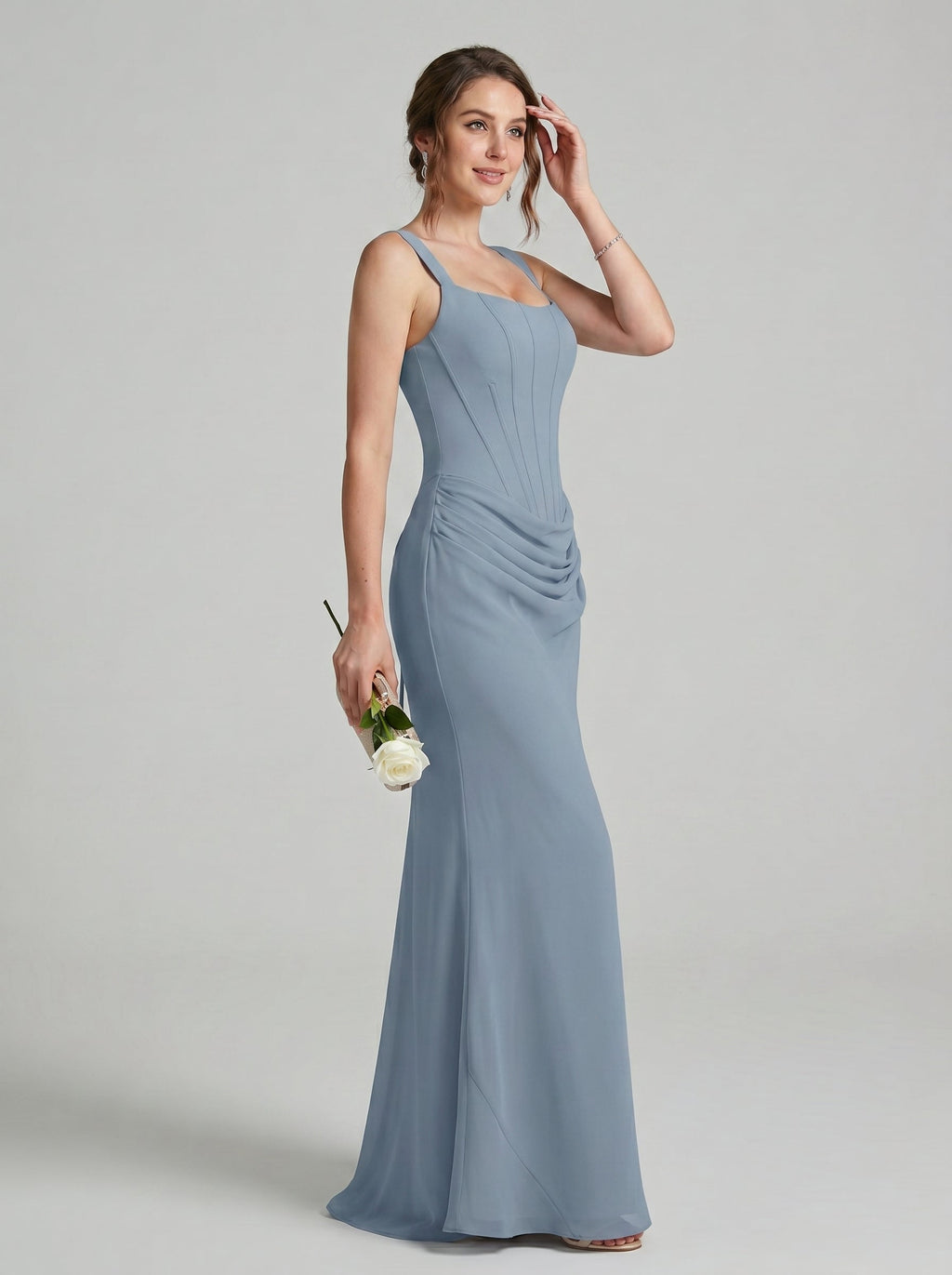 Elegant Dusty Blue Chiffon column Square Neck Criss-Cross Straps Ankle-Length Bridesmaid Dress - Curvevia