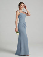 Elegant Dusty Blue Chiffon column Square Neck Criss-Cross Straps Ankle-Length Bridesmaid Dress - Curvevia