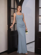 Elegant Dusty Blue Chiffon column Square Neck Criss-Cross Straps Ankle-Length Bridesmaid Dress - Curvevia