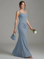 Elegant Dusty Blue Chiffon column Square Neck Criss-Cross Straps Ankle-Length Bridesmaid Dress - Curvevia