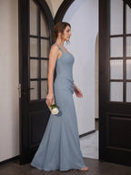 Elegant Dusty Blue Chiffon column Square Neck Criss-Cross Straps Ankle-Length Bridesmaid Dress - Curvevia