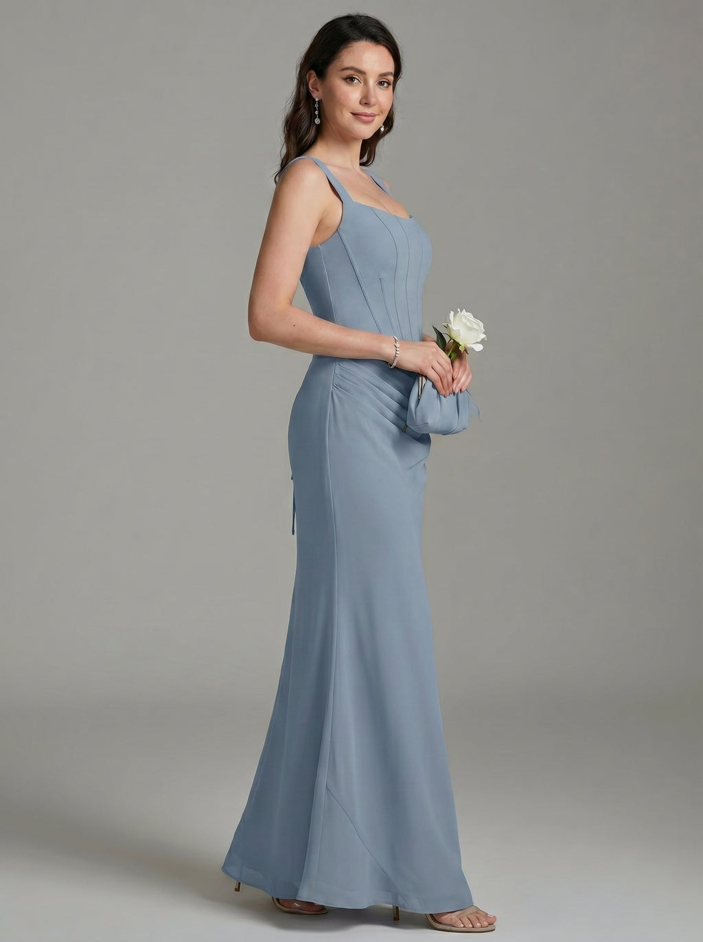 Elegant Dusty Blue Chiffon column Square Neck Criss-Cross Straps Ankle-Length Bridesmaid Dress - Curvevia
