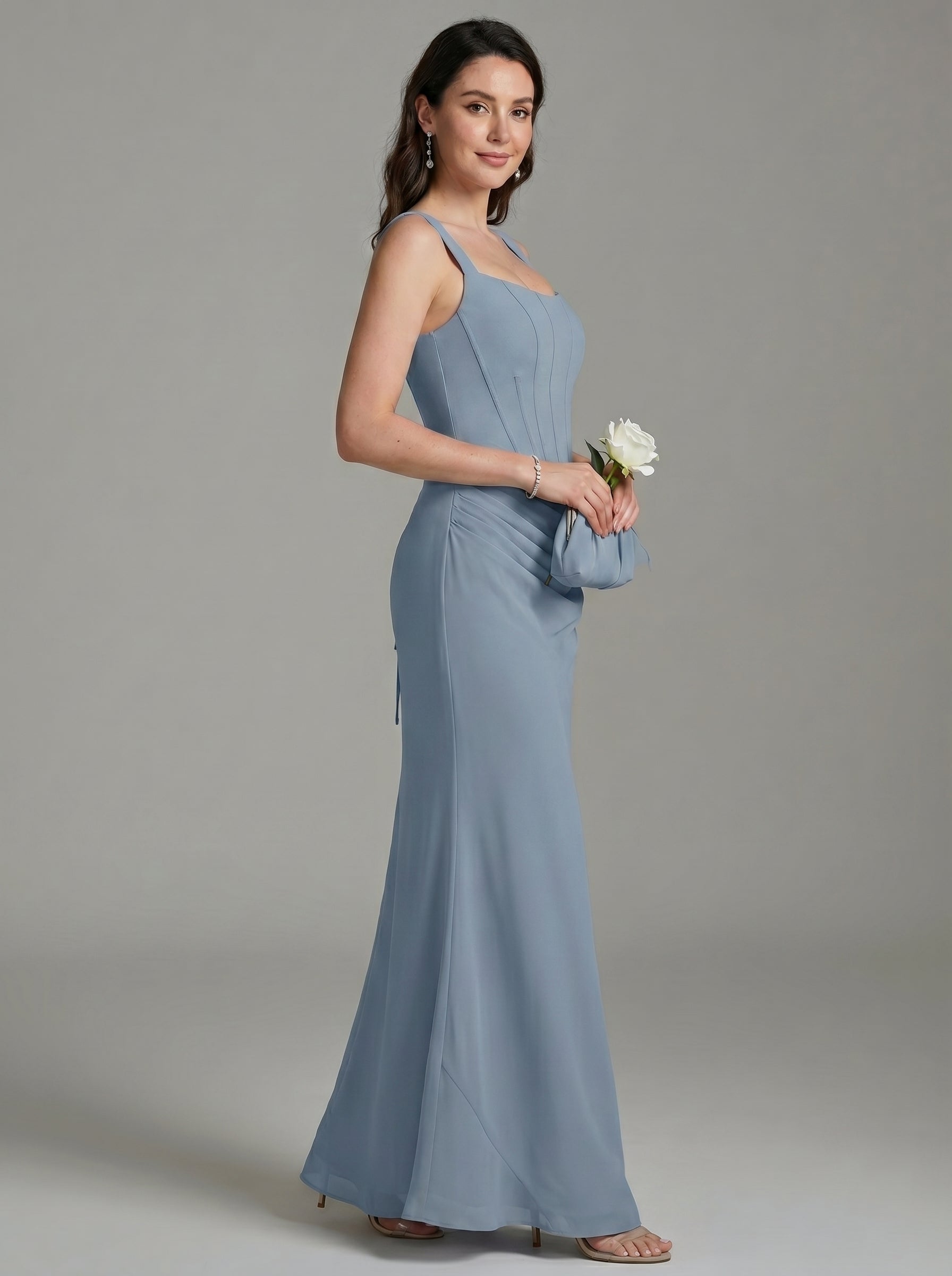 Elegant Dusty Blue Chiffon column Square Neck Criss-Cross Straps Ankle-Length Bridesmaid Dress - Curvevia