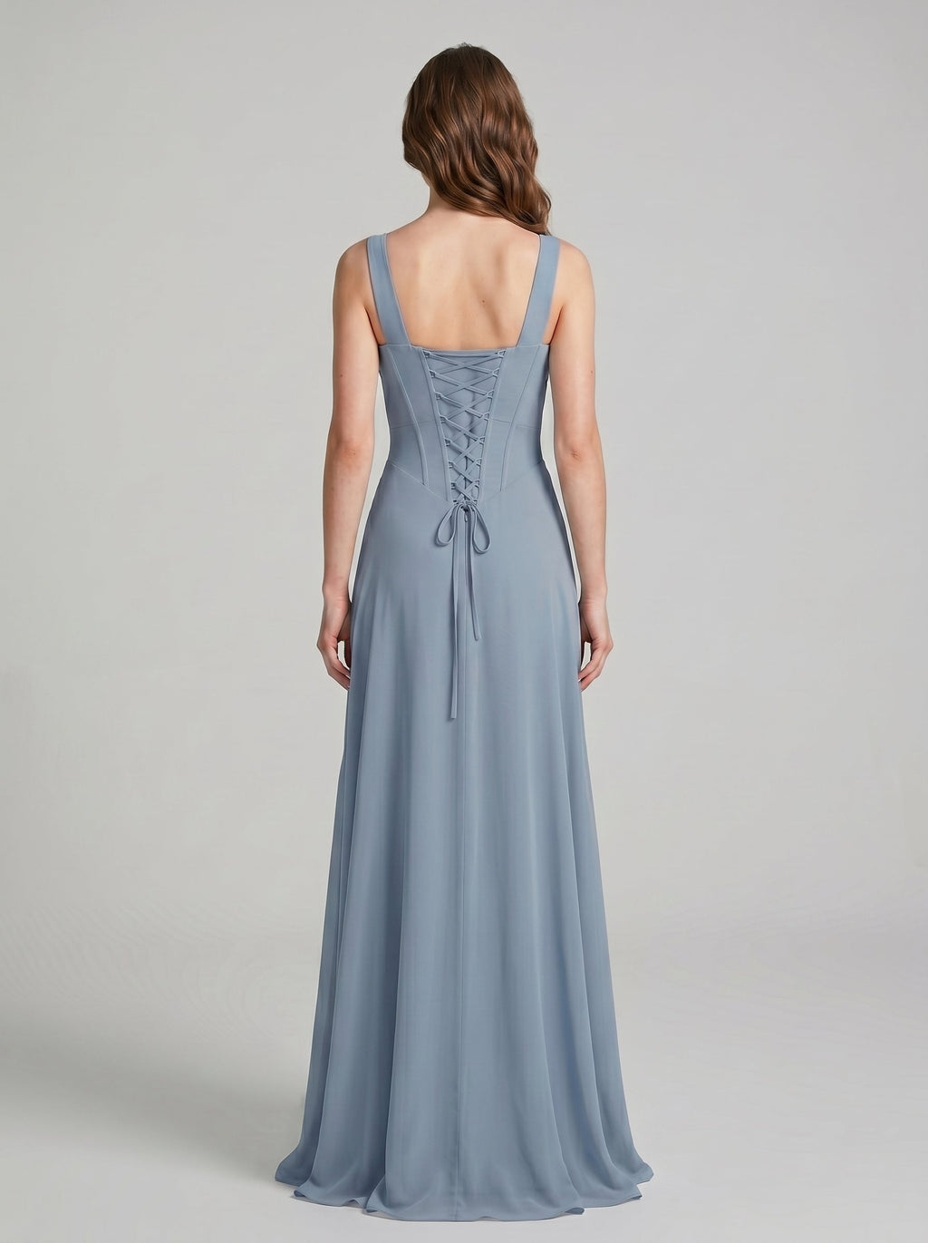 Elegant Dusty Blue Chiffon column Square Neck Criss-Cross Straps Ankle-Length Bridesmaid Dress - Curvevia