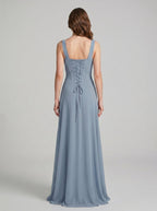 Elegant Dusty Blue Chiffon column Square Neck Criss-Cross Straps Ankle-Length Bridesmaid Dress - Curvevia