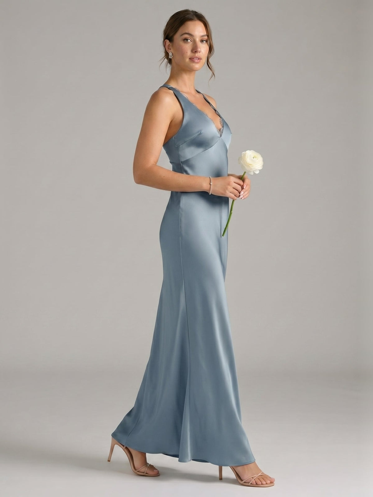 Elegant Dusty Blue Satin Sheath V-Neck V-Back Ankle-Length Bridesmaid Dress - Curvevia