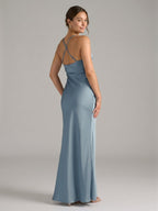 Elegant Dusty Blue Satin Sheath V-Neck V-Back Ankle-Length Bridesmaid Dress - Curvevia
