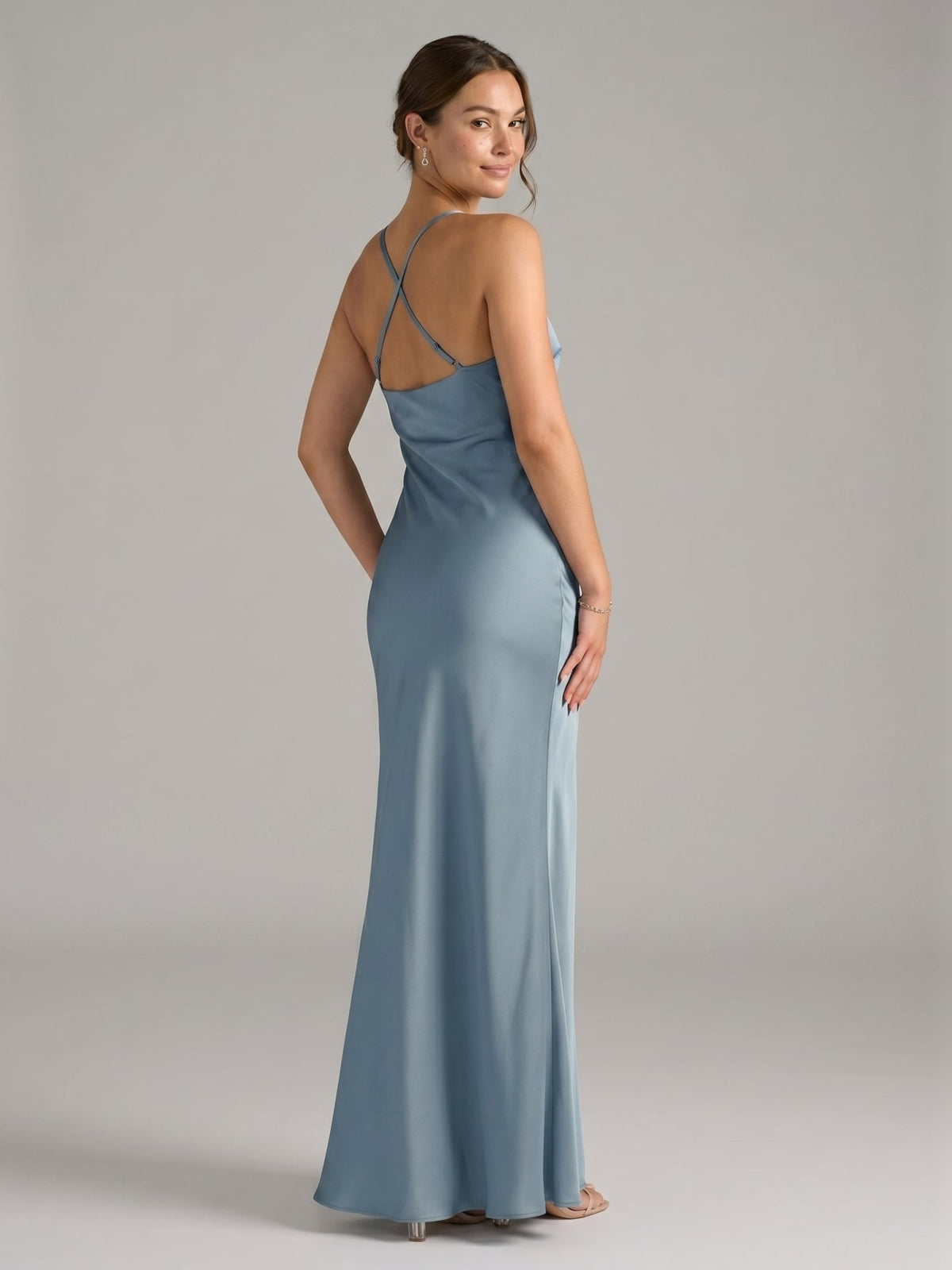 Elegant Dusty Blue Satin Sheath V-Neck V-Back Ankle-Length Bridesmaid Dress - Curvevia