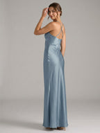 Elegant Dusty Blue Satin Sheath V-Neck V-Back Ankle-Length Bridesmaid Dress - Curvevia