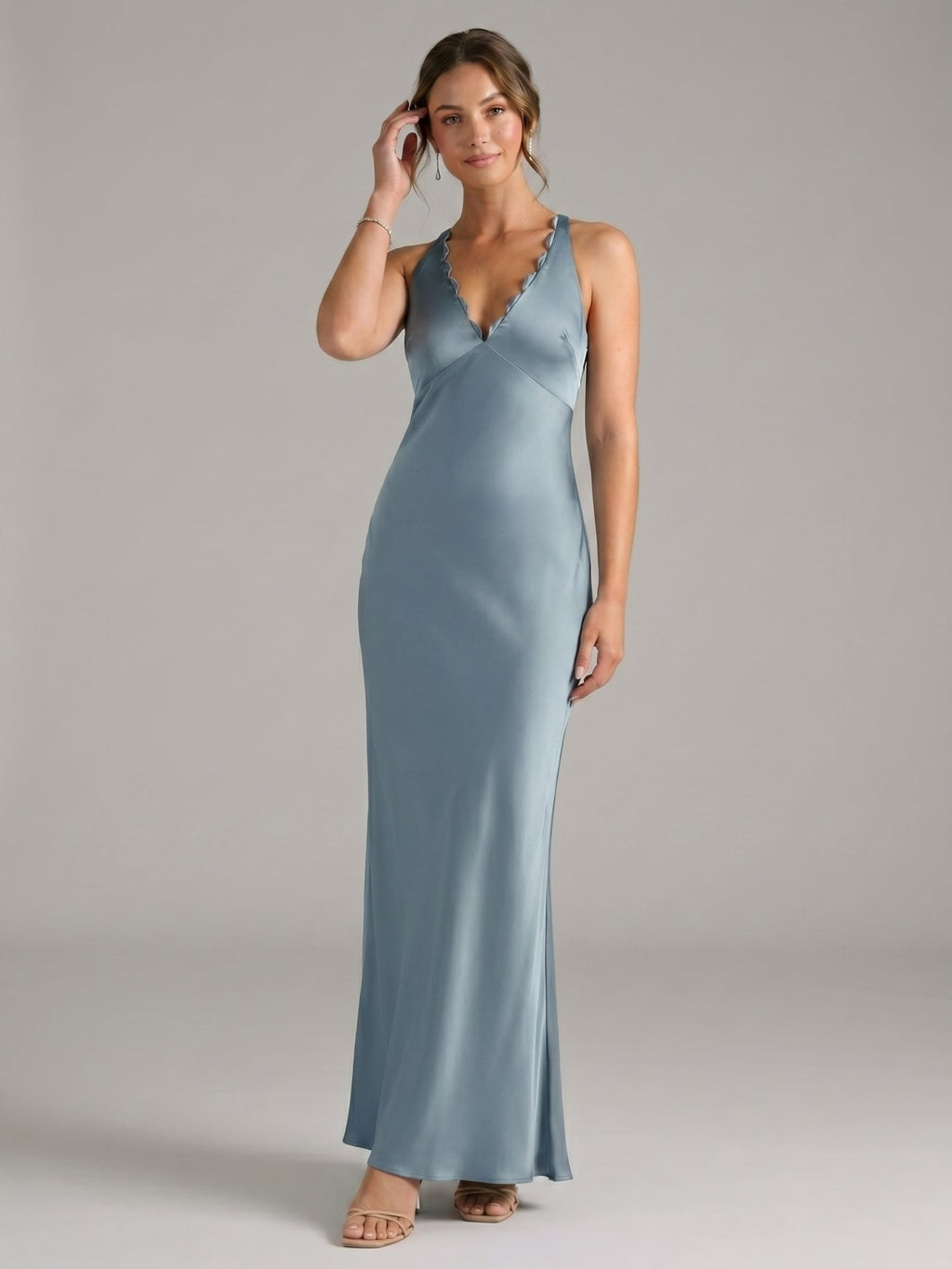 Elegant Dusty Blue Satin Sheath V-Neck V-Back Ankle-Length Bridesmaid Dress - Curvevia