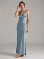 Elegant Dusty Blue Satin Sheath V-Neck V-Back Ankle-Length Bridesmaid Dress - Curvevia
