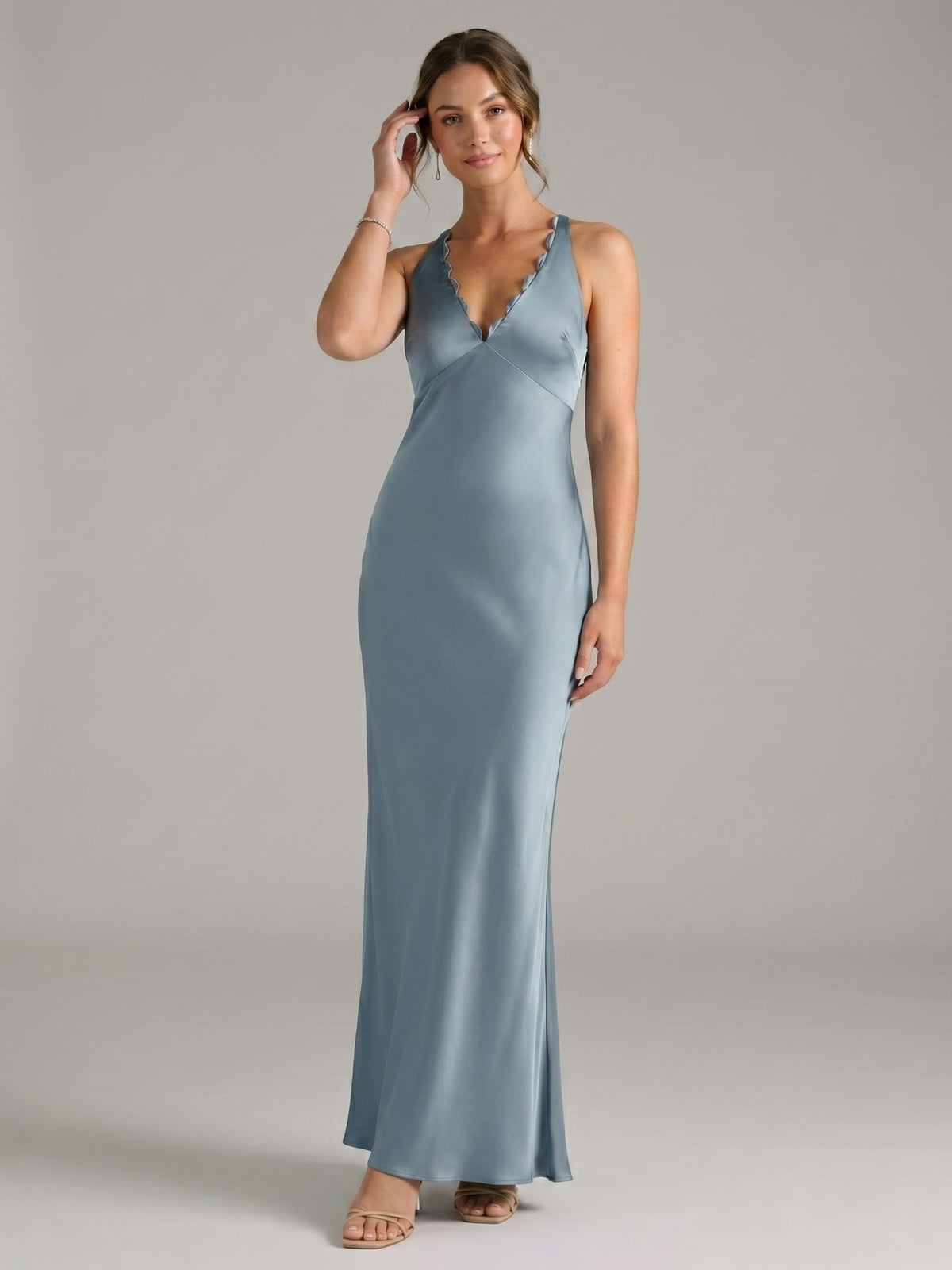 Elegant Dusty Blue Satin Sheath V-Neck V-Back Ankle-Length Bridesmaid Dress - Curvevia
