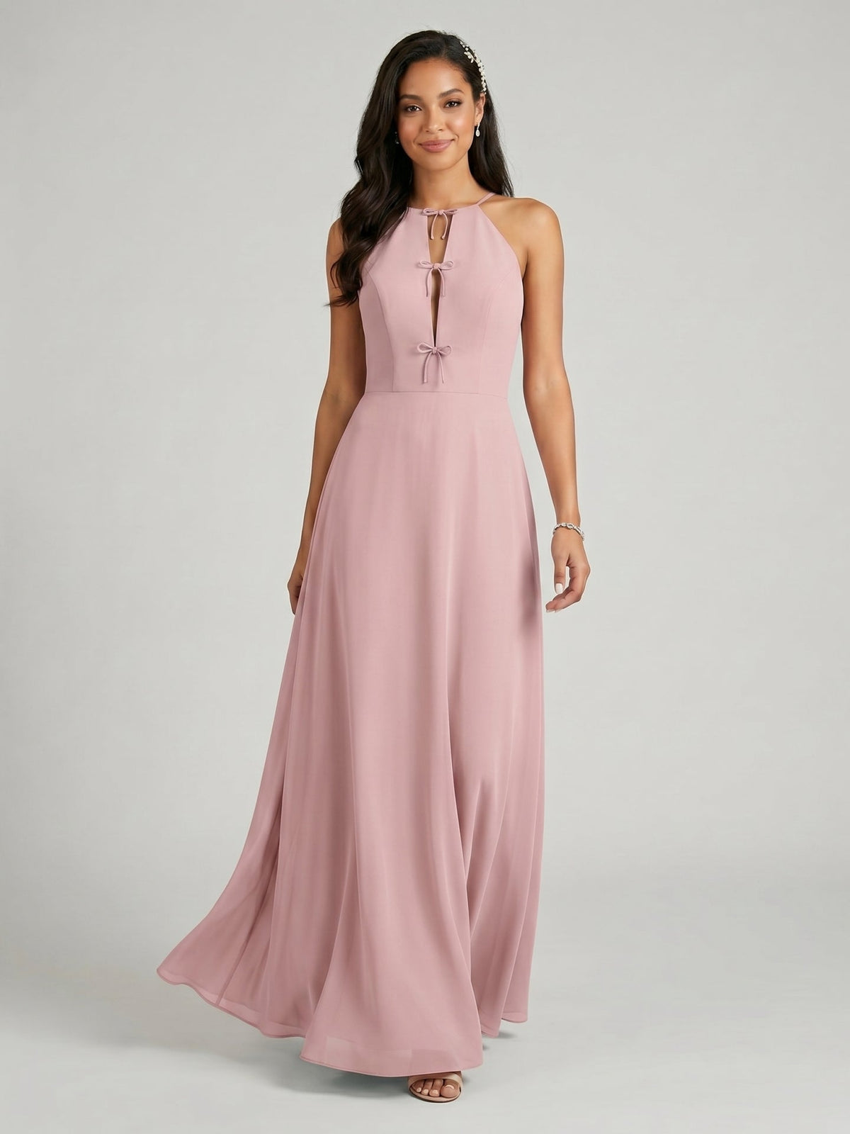 Elegant Dusty Rose Chiffon A-Line Halter neckline Ankle-Length Bridesmaid Dress with Minimalist Design - Curvevia