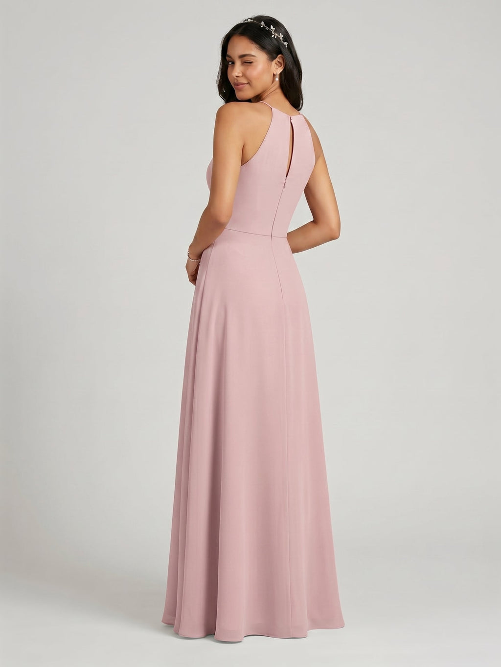 Elegant Dusty Rose Chiffon A-Line Halter neckline Ankle-Length Bridesmaid Dress with Minimalist Design - Curvevia