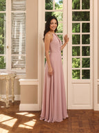 Elegant Dusty Rose Chiffon A-Line Halter neckline Ankle-Length Bridesmaid Dress with Minimalist Design - Curvevia