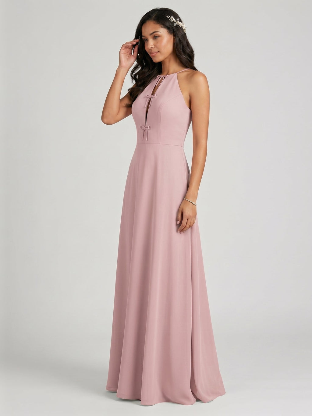Elegant Dusty Rose Chiffon A-Line Halter neckline Ankle-Length Bridesmaid Dress with Minimalist Design - Curvevia