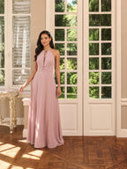 Elegant Dusty Rose Chiffon A-Line Halter neckline Ankle-Length Bridesmaid Dress with Minimalist Design - Curvevia