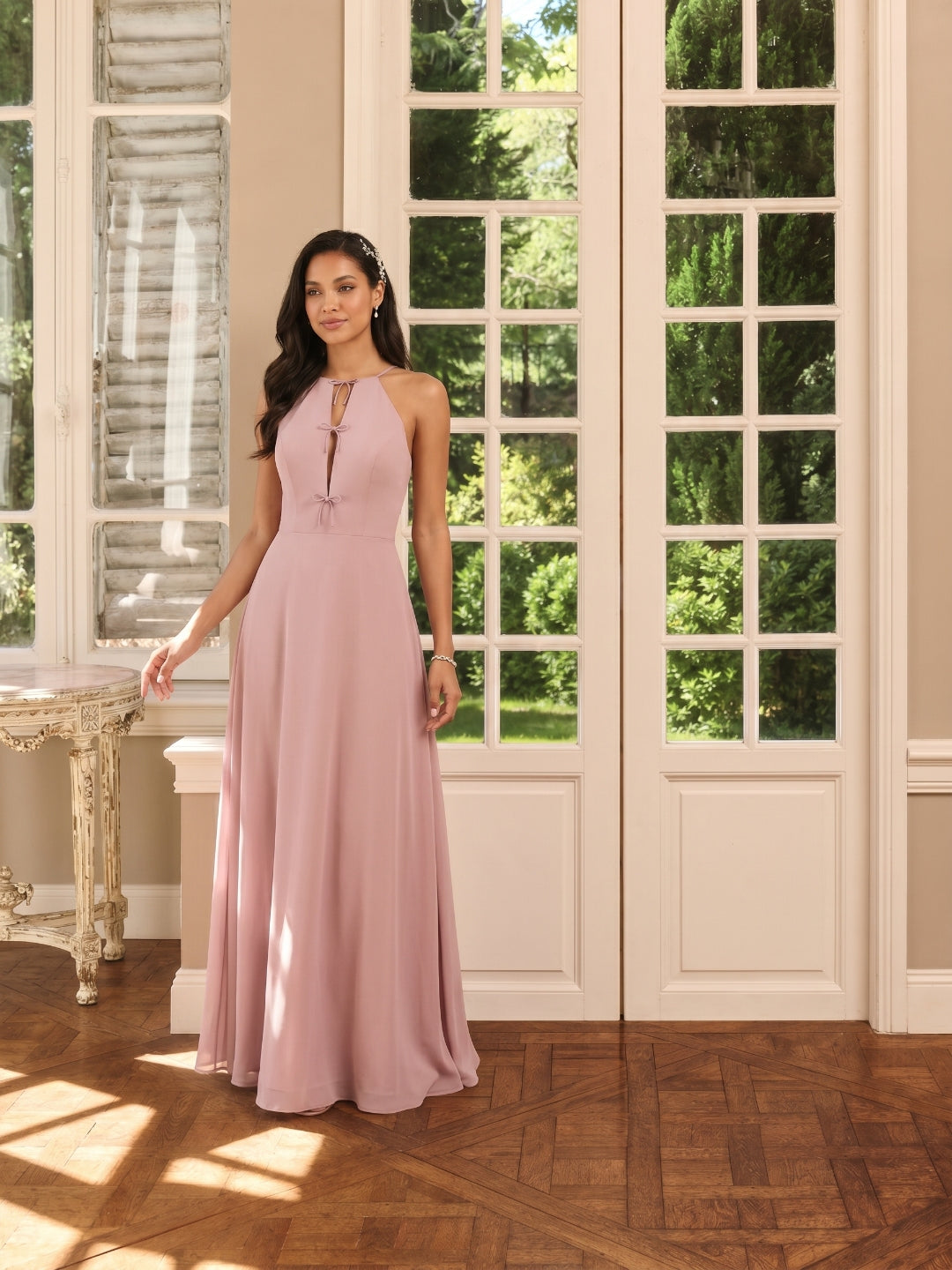 Elegant Dusty Rose Chiffon A-Line Halter neckline Ankle-Length Bridesmaid Dress with Minimalist Design - Curvevia
