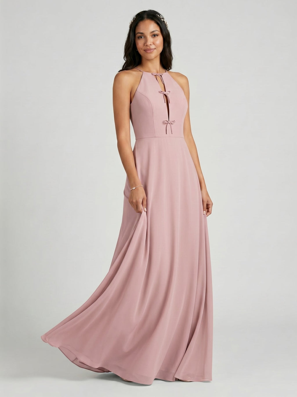 Elegant Dusty Rose Chiffon A-Line Halter neckline Ankle-Length Bridesmaid Dress with Minimalist Design - Curvevia