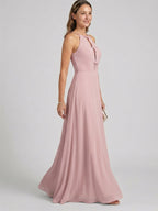 Elegant Dusty Rose Chiffon A-Line Halter neckline Ankle-Length Bridesmaid Dress with Minimalist Design - Curvevia