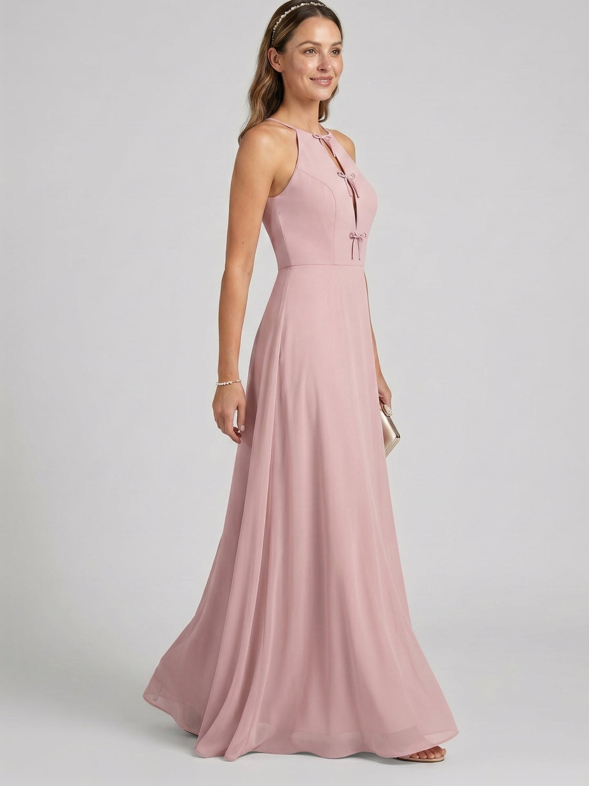 Elegant Dusty Rose Chiffon A-Line Halter neckline Ankle-Length Bridesmaid Dress with Minimalist Design - Curvevia