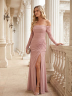 Elegant Dusty Rose Chiffon column Off-the-Shoulder Back Zip Ankle-Length Bridesmaid Dress - Curvevia