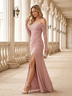 Elegant Dusty Rose Chiffon column Off-the-Shoulder Back Zip Ankle-Length Bridesmaid Dress - Curvevia