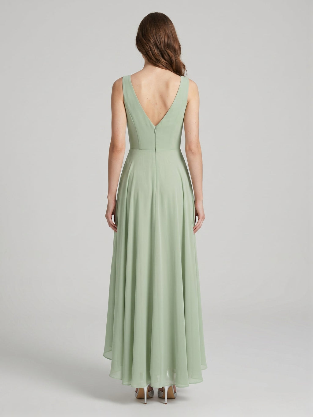Elegant Dusty Sage Chiffon A-Line Cowl Neck Back Zip Asymmetrical Hem Bridesmaid Dress - Curvevia