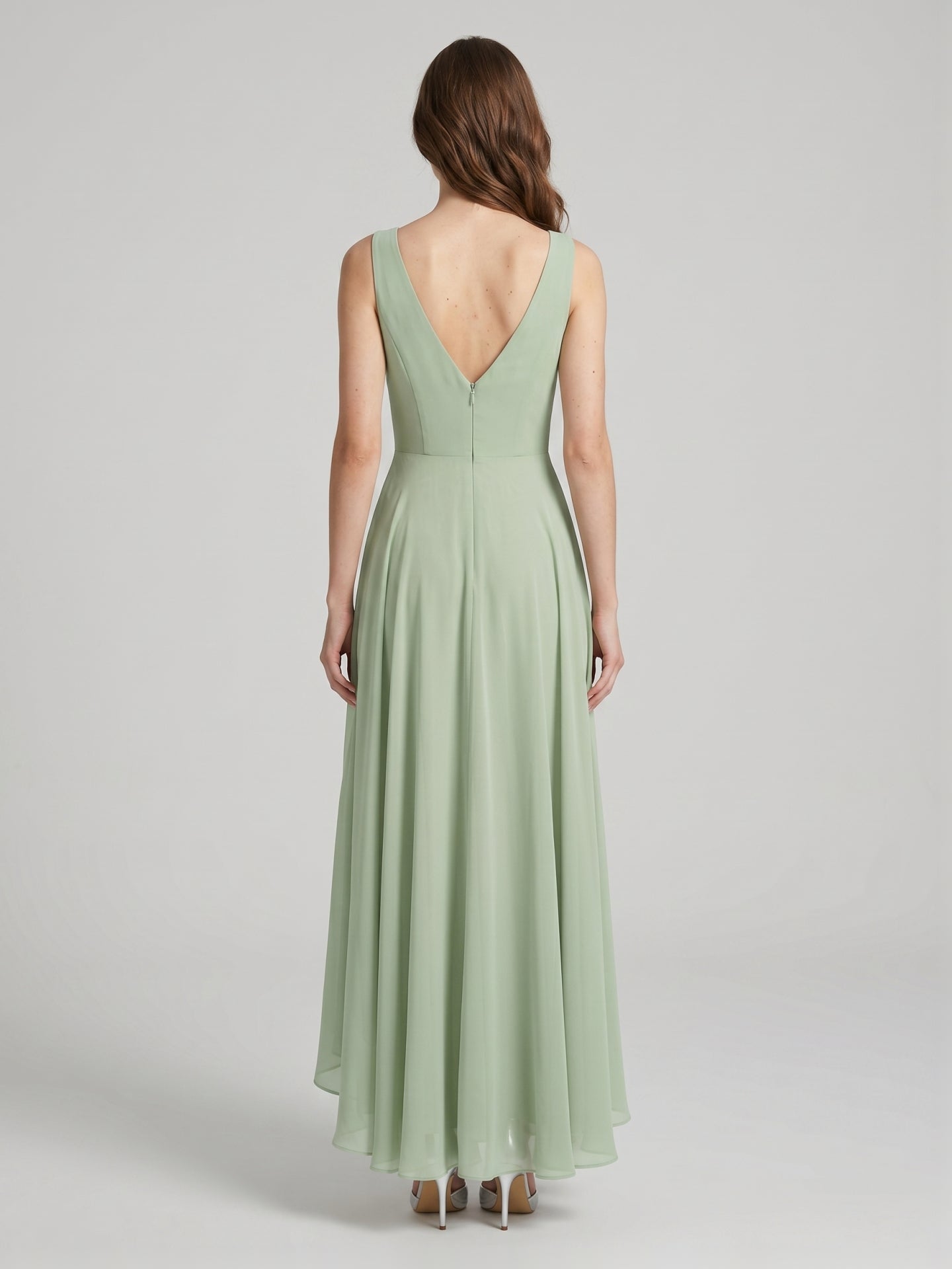 Elegant Dusty Sage Chiffon A-Line Cowl Neck Back Zip Asymmetrical Hem Bridesmaid Dress - Curvevia