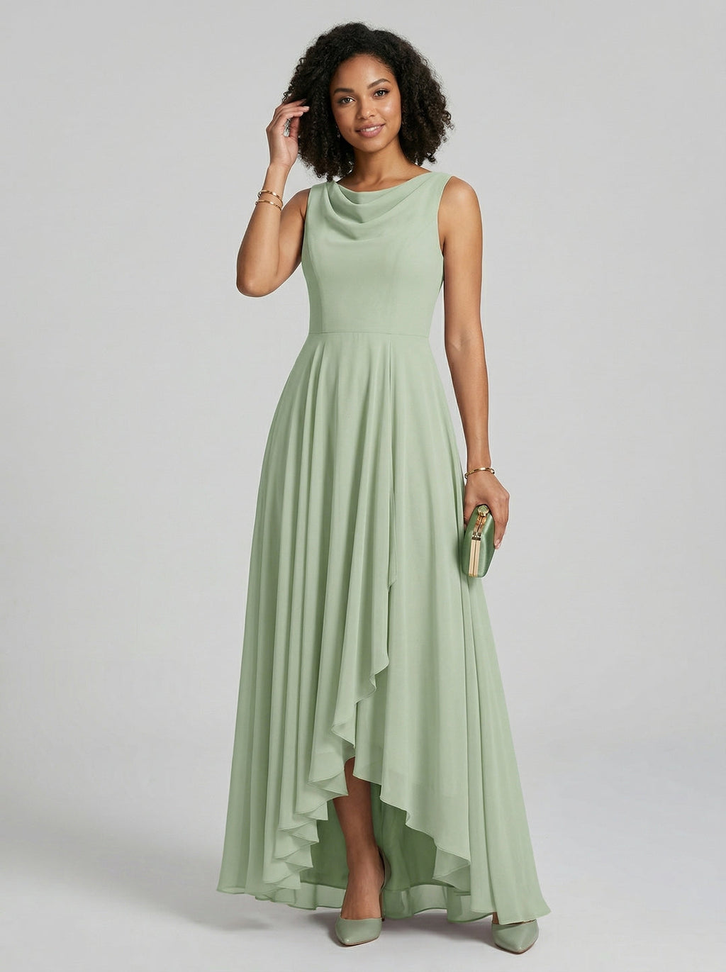 Elegant Dusty Sage Chiffon A-Line Cowl Neck Back Zip Asymmetrical Hem Bridesmaid Dress - Curvevia