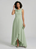 Elegant Dusty Sage Chiffon A-Line Cowl Neck Back Zip Asymmetrical Hem Bridesmaid Dress - Curvevia
