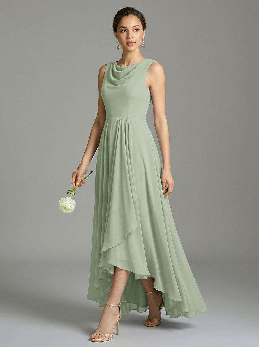 Elegant Dusty Sage Chiffon A-Line Cowl Neck Back Zip Asymmetrical Hem Bridesmaid Dress - Curvevia