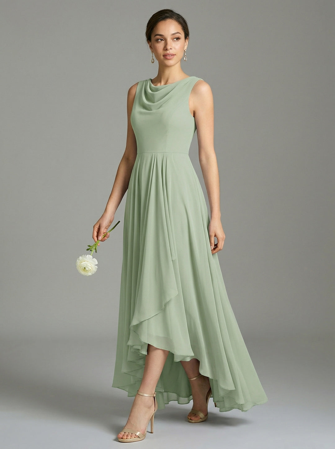 Elegant Dusty Sage Chiffon A-Line Cowl Neck Back Zip Asymmetrical Hem Bridesmaid Dress - Curvevia