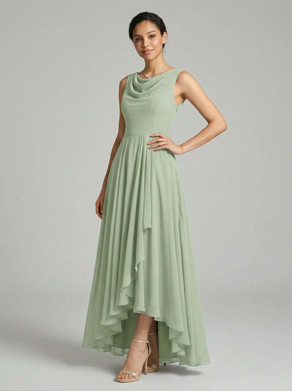 Elegant Dusty Sage Chiffon A-Line Cowl Neck Back Zip Asymmetrical Hem Bridesmaid Dress - Curvevia