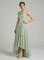 Elegant Dusty Sage Chiffon A-Line Cowl Neck Back Zip Asymmetrical Hem Bridesmaid Dress - Curvevia