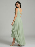 Elegant Dusty Sage Chiffon A-Line Cowl Neck Back Zip Asymmetrical Hem Bridesmaid Dress - Curvevia