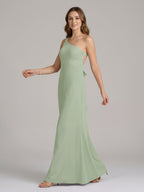 Elegant Dusty Sage Chiffon column One Shoulder Backless Ankle-Length Bridesmaid Dress - Curvevia