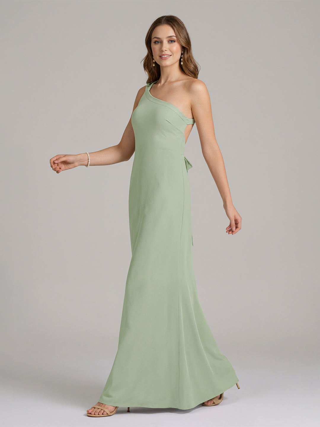 Elegant Dusty Sage Chiffon column One Shoulder Backless Ankle-Length Bridesmaid Dress - Curvevia