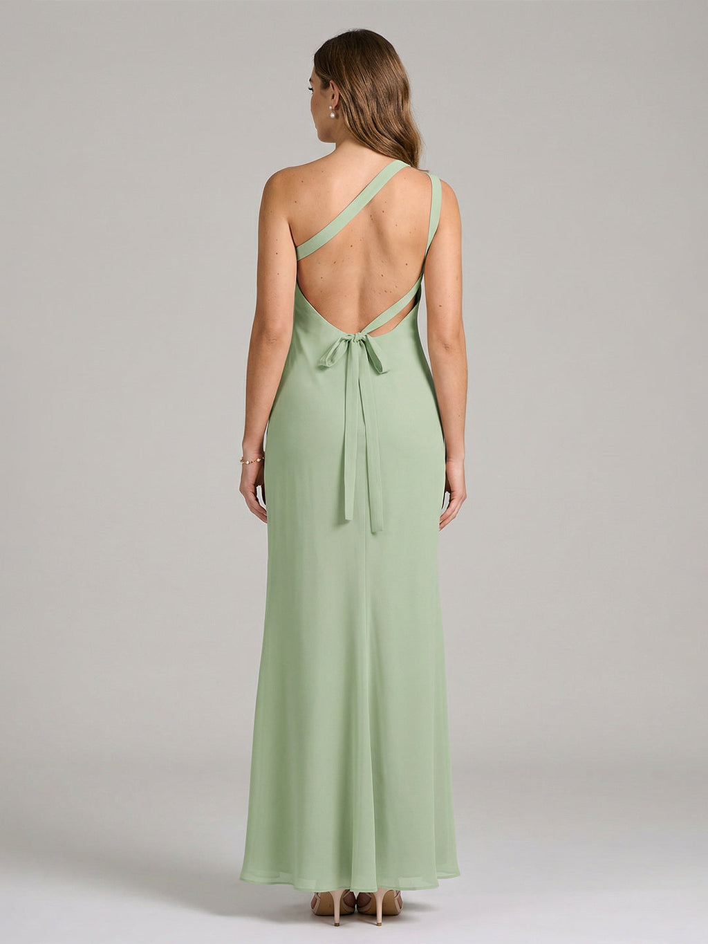 Elegant Dusty Sage Chiffon column One Shoulder Backless Ankle-Length Bridesmaid Dress - Curvevia