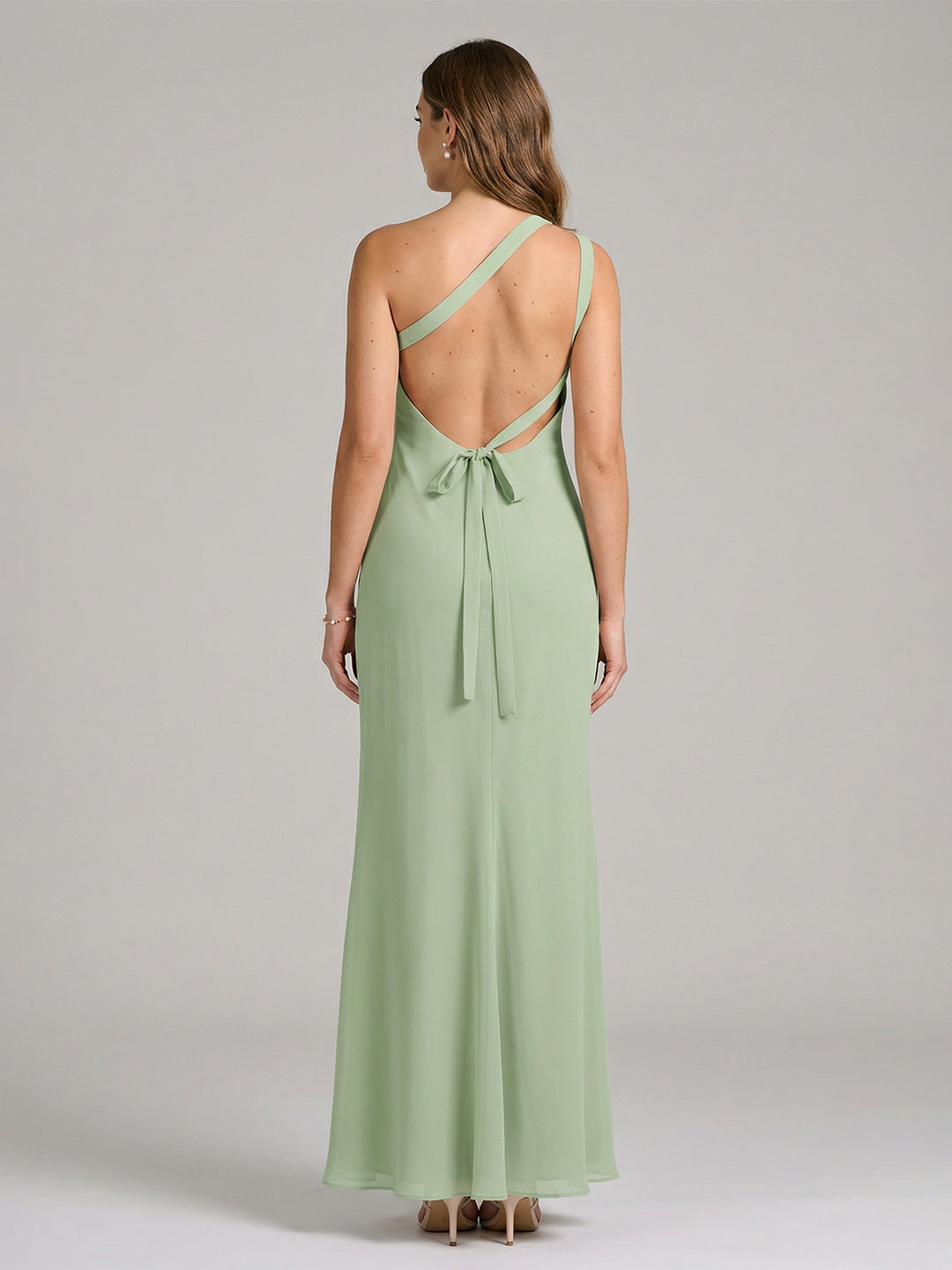 Elegant Dusty Sage Chiffon column One Shoulder Backless Ankle-Length Bridesmaid Dress - Curvevia